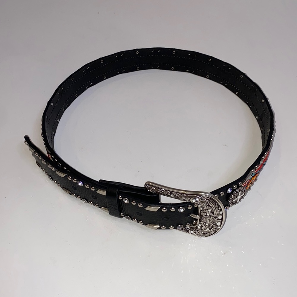 Ariat Beaded Studded Western Cowgirl Belt Embellished EUC Sz M Black Leather